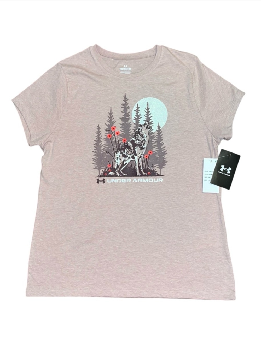 Under Armour Pink Short Sleeve Top Girls NWT XL Logo Nature Wolf Mountain